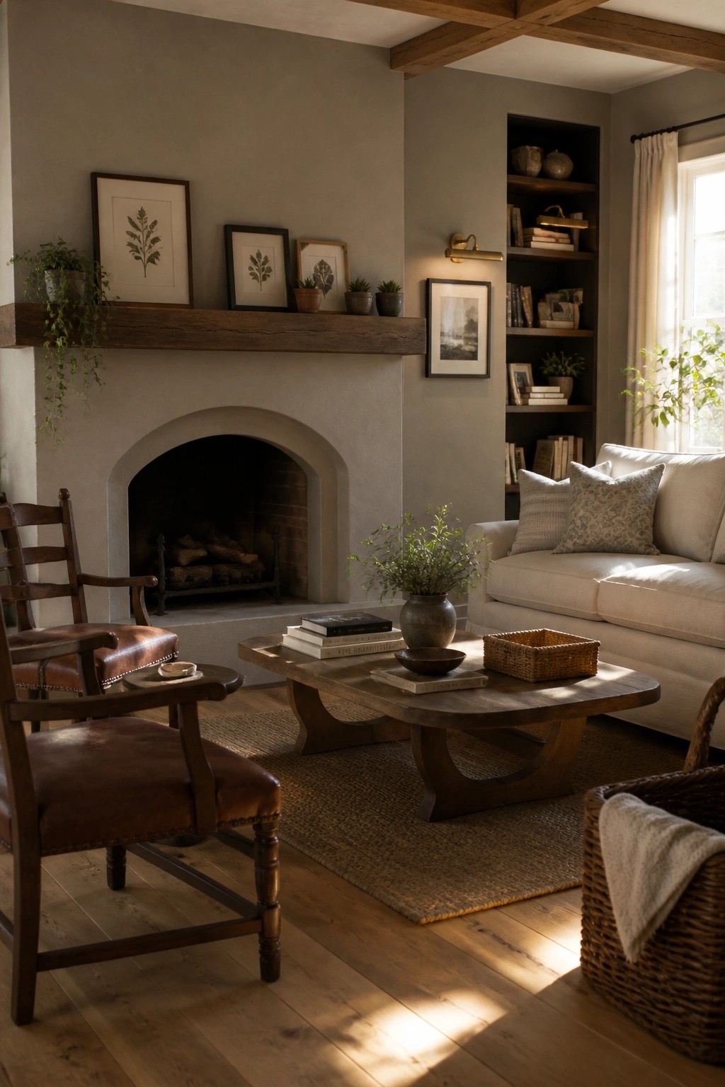 A living room with an arched fireplace, wooden mantel and coffee table, white sofa, built-in shelves, and muted gray walls.