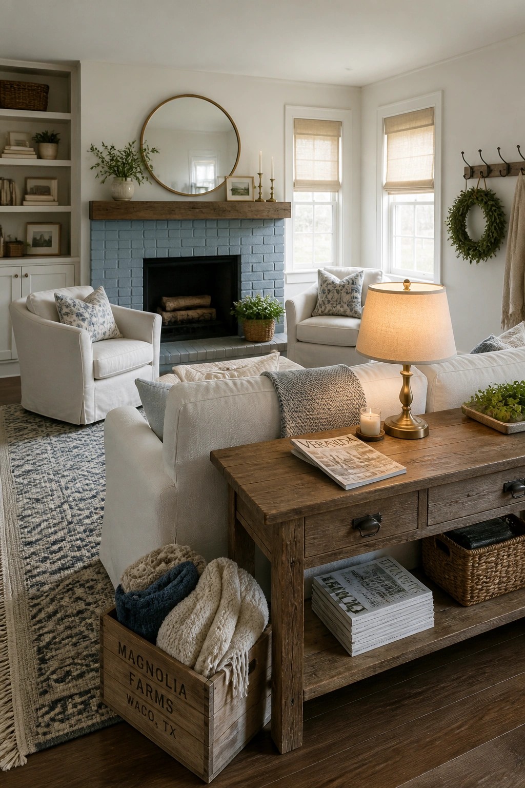 A living room with a blue painted brick fireplace, white armchairs, a wooden coffee table, and a patterned area rug.