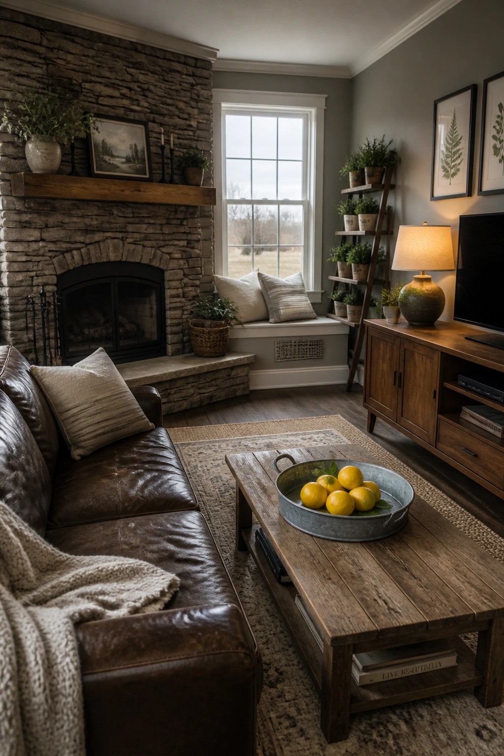 A living room with gray walls, a stone fireplace, a brown leather sofa, a wooden coffee table, and a window seat with pillows.