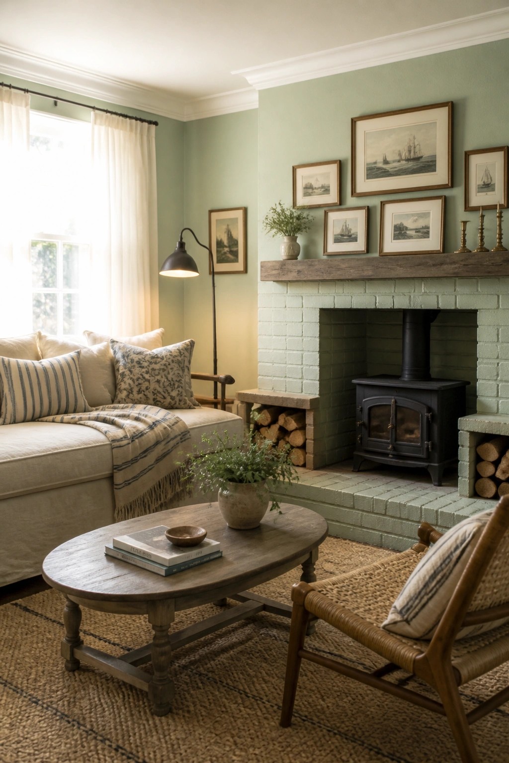 A living room with soft green walls, a white sofa with pillows and a throw, a round wooden coffee table, and a black wood stove in a painted brick fireplace.