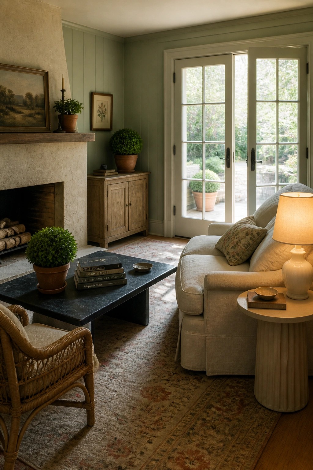 A living room with muted green walls, a stone fireplace, beige sofa, black coffee table, and French doors leading outside.