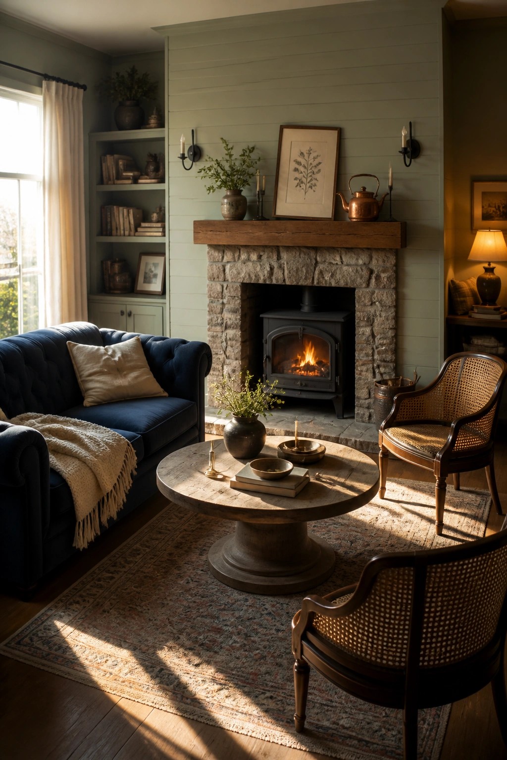 A living room with soft green walls, a stone fireplace with a wood mantel, a blue sofa, two cane chairs, and a round coffee table on a patterned rug.