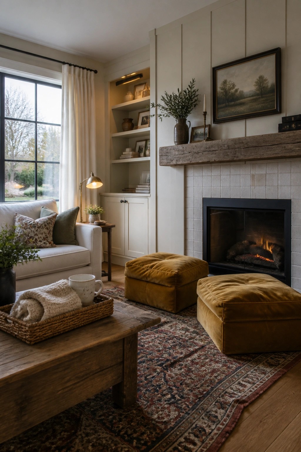 A living room with soft neutral walls, a black fireplace, wooden mantel, built-in shelves, white sofa, wooden coffee table, and two mustard yellow ottomans on a patterned rug.