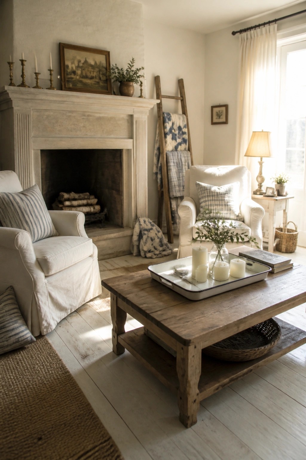 A farmhouse living room with off-white walls, a white mantel fireplace, two slipcovered armchairs, and a rustic wood coffee table.
