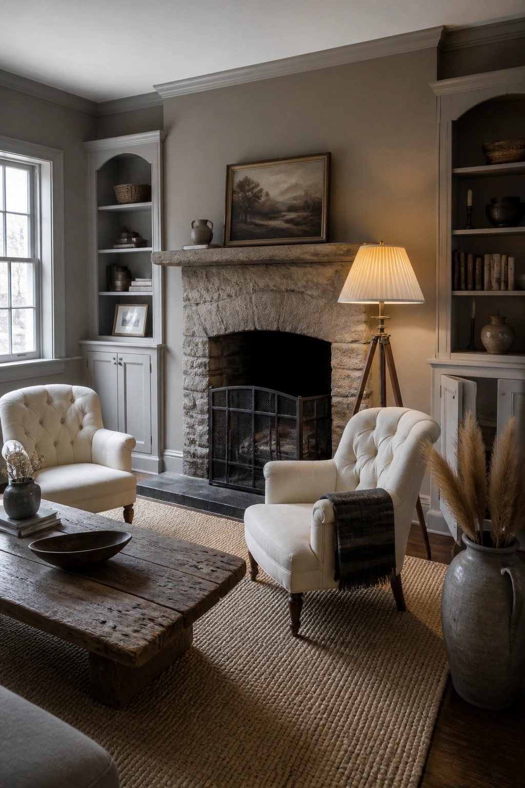 A living room featuring a large stone fireplace flanked by built-in shelves, two white tufted armchairs on a woven rug, and a rustic wooden coffee table.