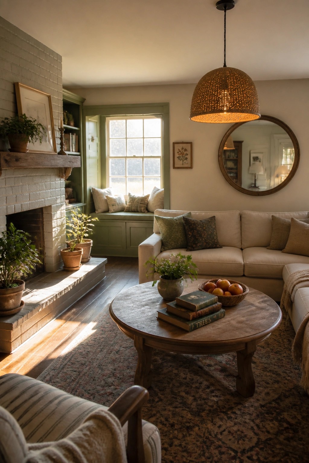 A farmhouse living room with white brick fireplace, beige sectional sofa, round wooden coffee table, and green-painted window seat under natural light.