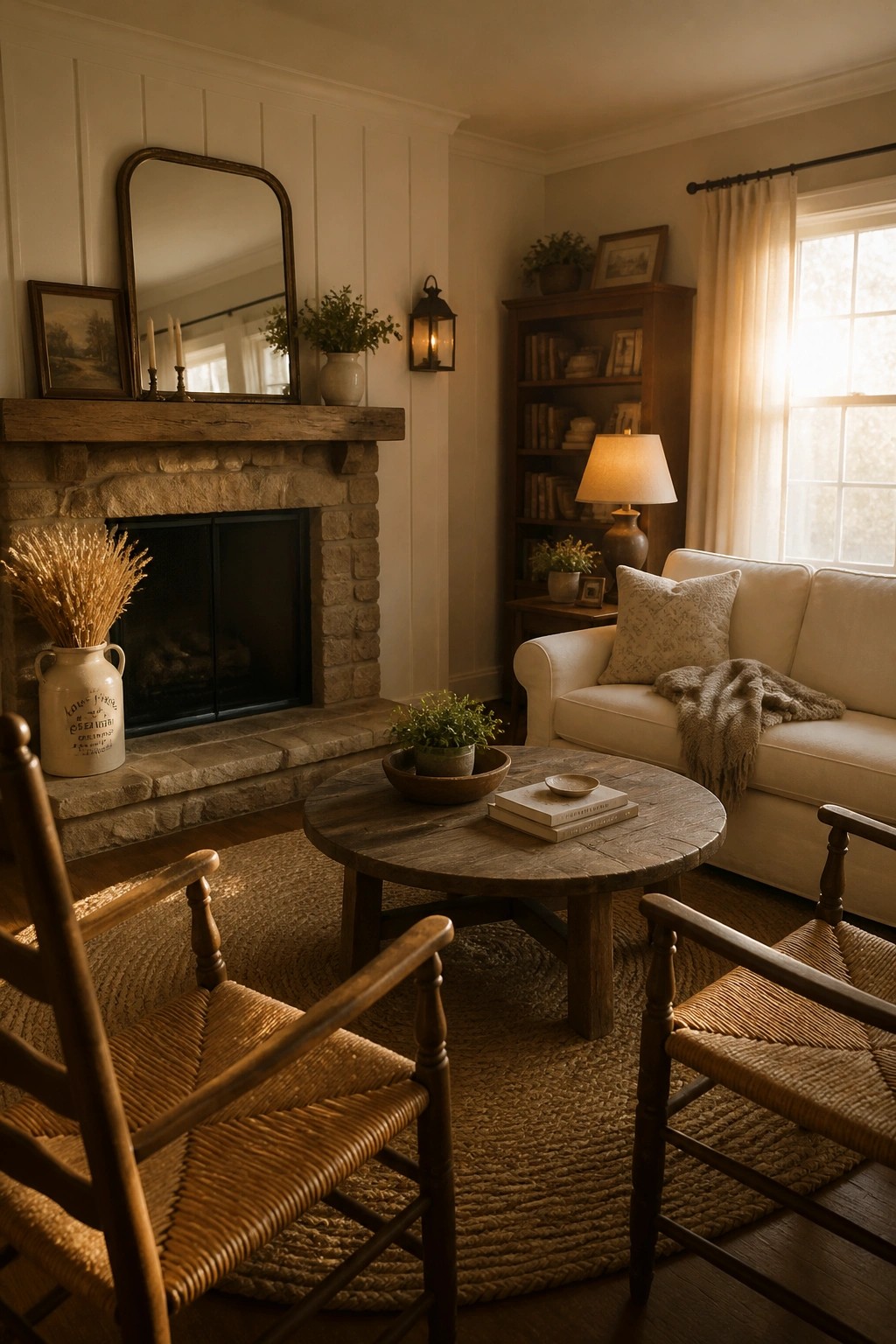 Cozy rustic living room with stone fireplace, round table, sofa, and woven chairs