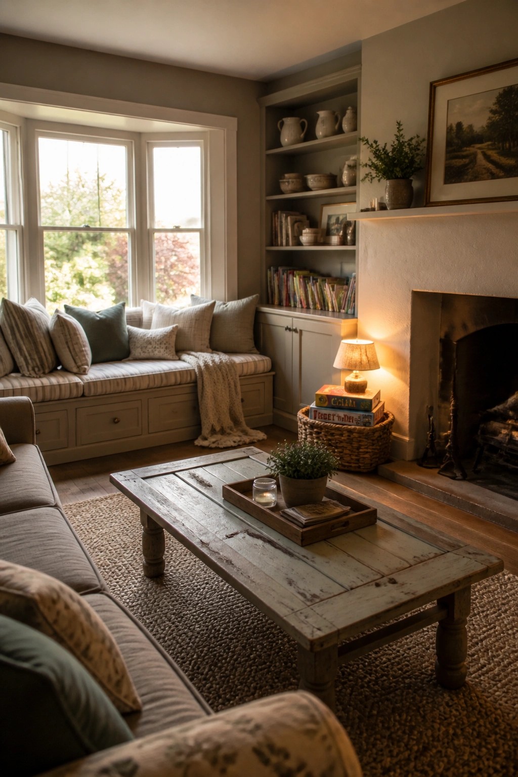 A farmhouse living room with soft gray walls, a window seat with pillows, a rustic coffee table on a woven rug, built-in bookshelves, and a fireplace with a lit lamp nearby.