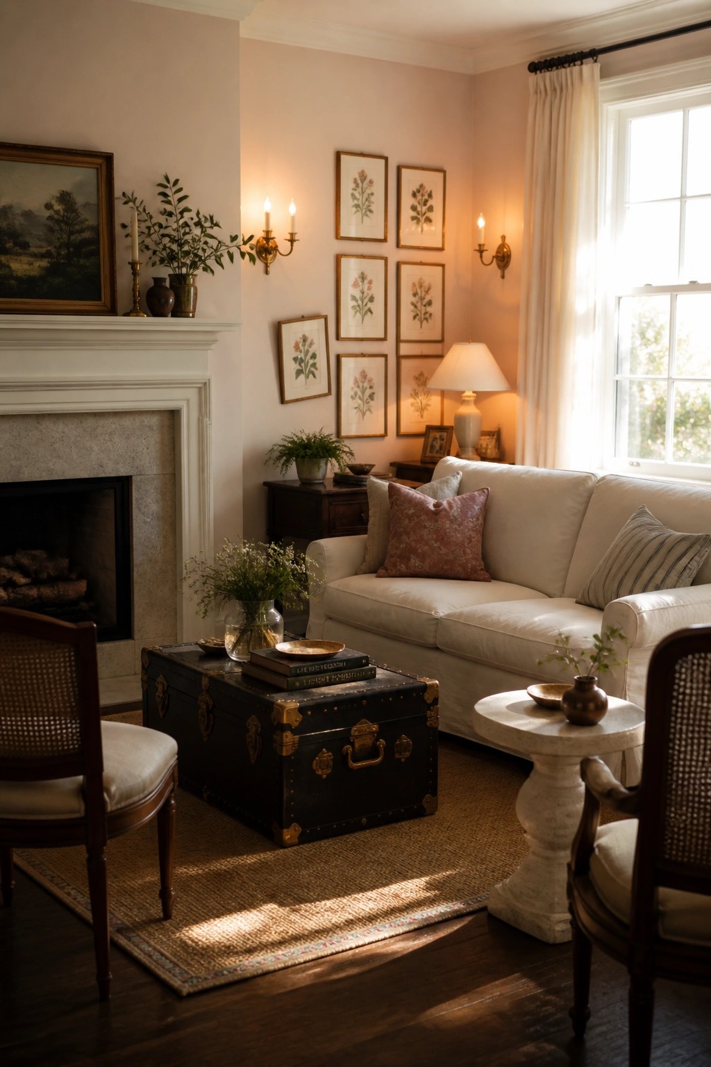 A living room with pale pink walls, a white sofa, a black trunk coffee table, a stone fireplace, and wooden chairs on a woven rug.