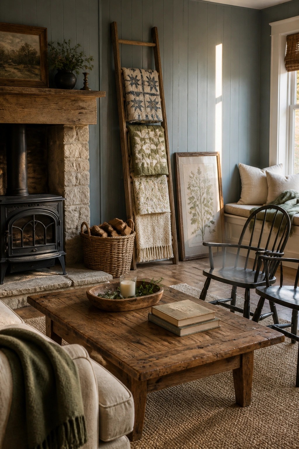 A farmhouse living room with blue-gray paneled walls, a black wood stove in a stone fireplace, a wooden coffee table, and quilts on a leaning ladder.