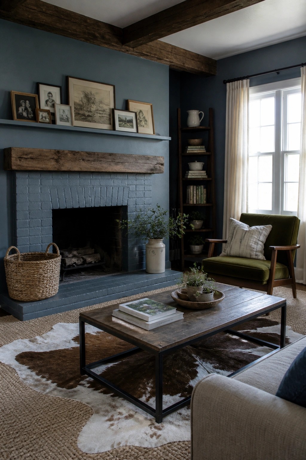 A living room with blue-gray painted brick fireplace, wooden mantel, and framed art above it.