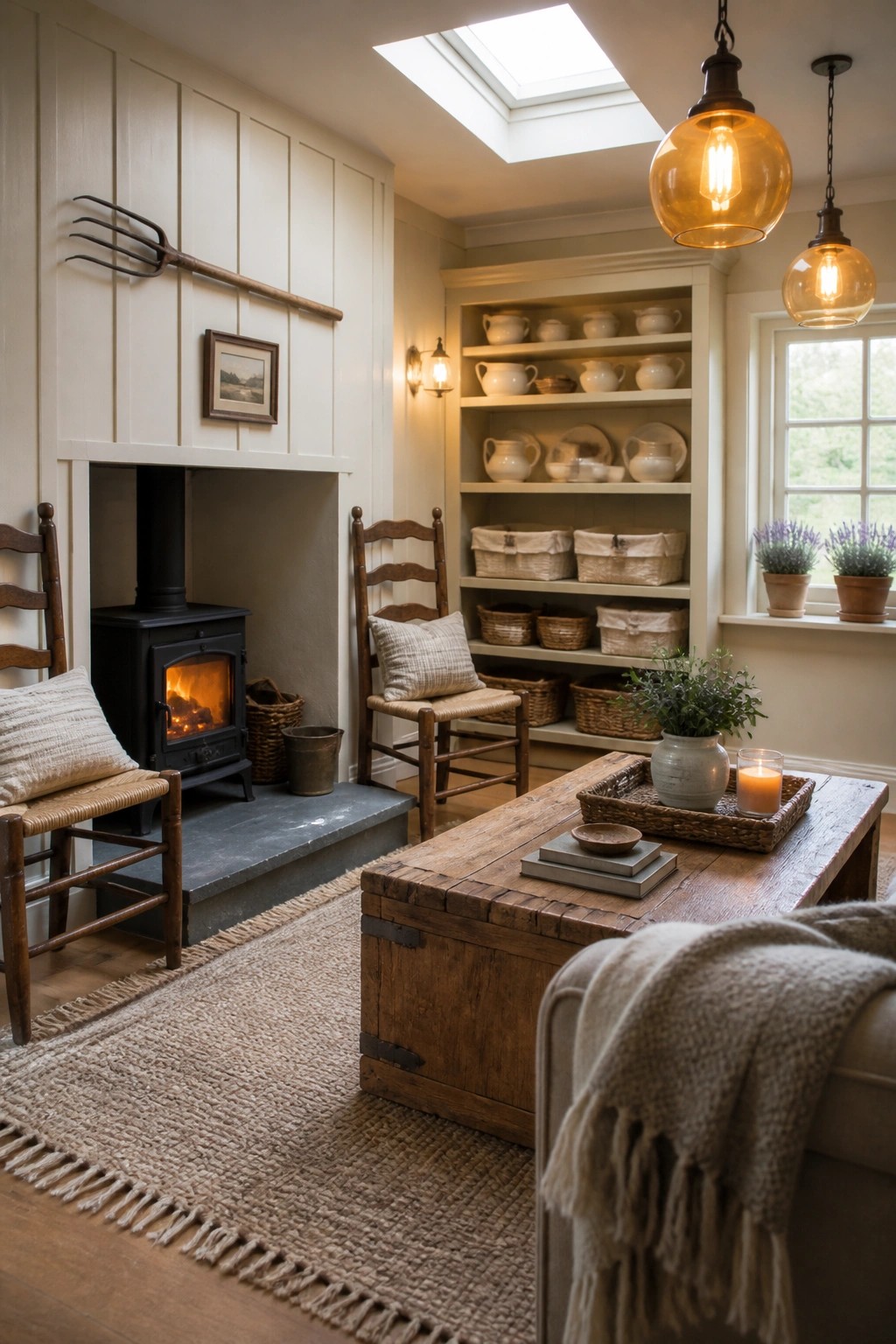 A farmhouse living room with creamy off-white paneled walls, a black wood stove on a raised hearth, wooden ladderback chairs, open shelving with baskets, and a rustic coffee table on a woven rug.