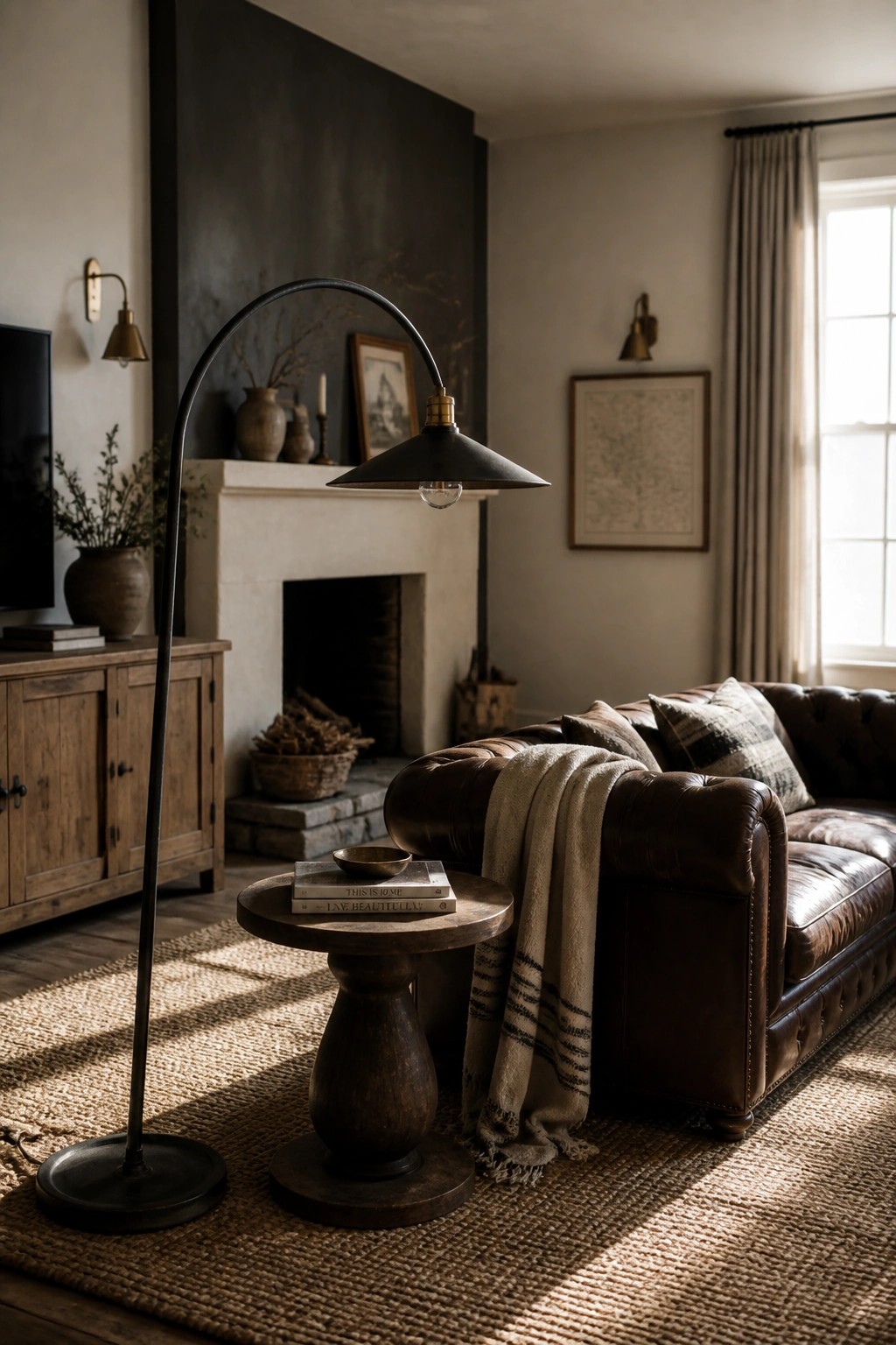 A living room featuring a dark charcoal accent wall, white fireplace mantel, brown leather sofa, and round wooden side table on a woven rug.