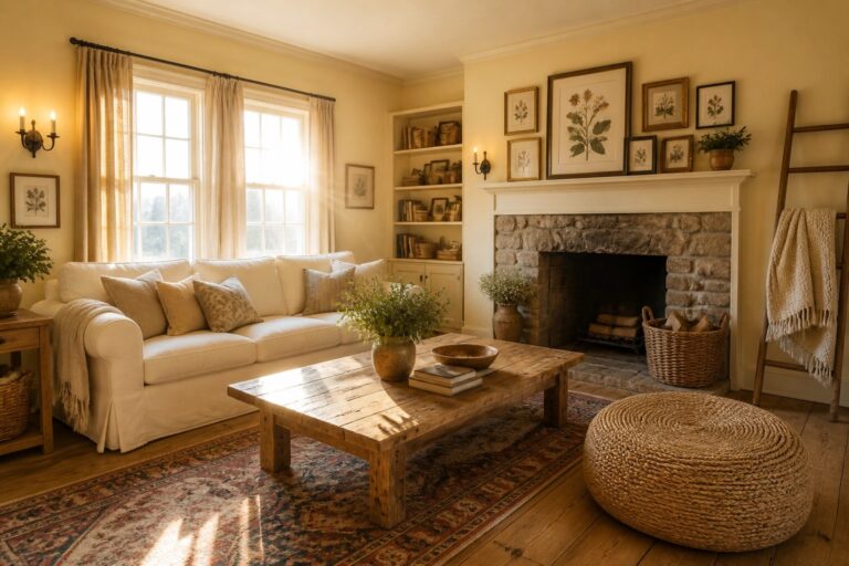 21 Farmhouse Living Room Paint Colors for Relaxed Rustic Spaces A living room with pale yellow walls, a white mantel over a stone fireplace, a white sofa, a wooden coffee table, and a large patterned rug on hardwood floors.