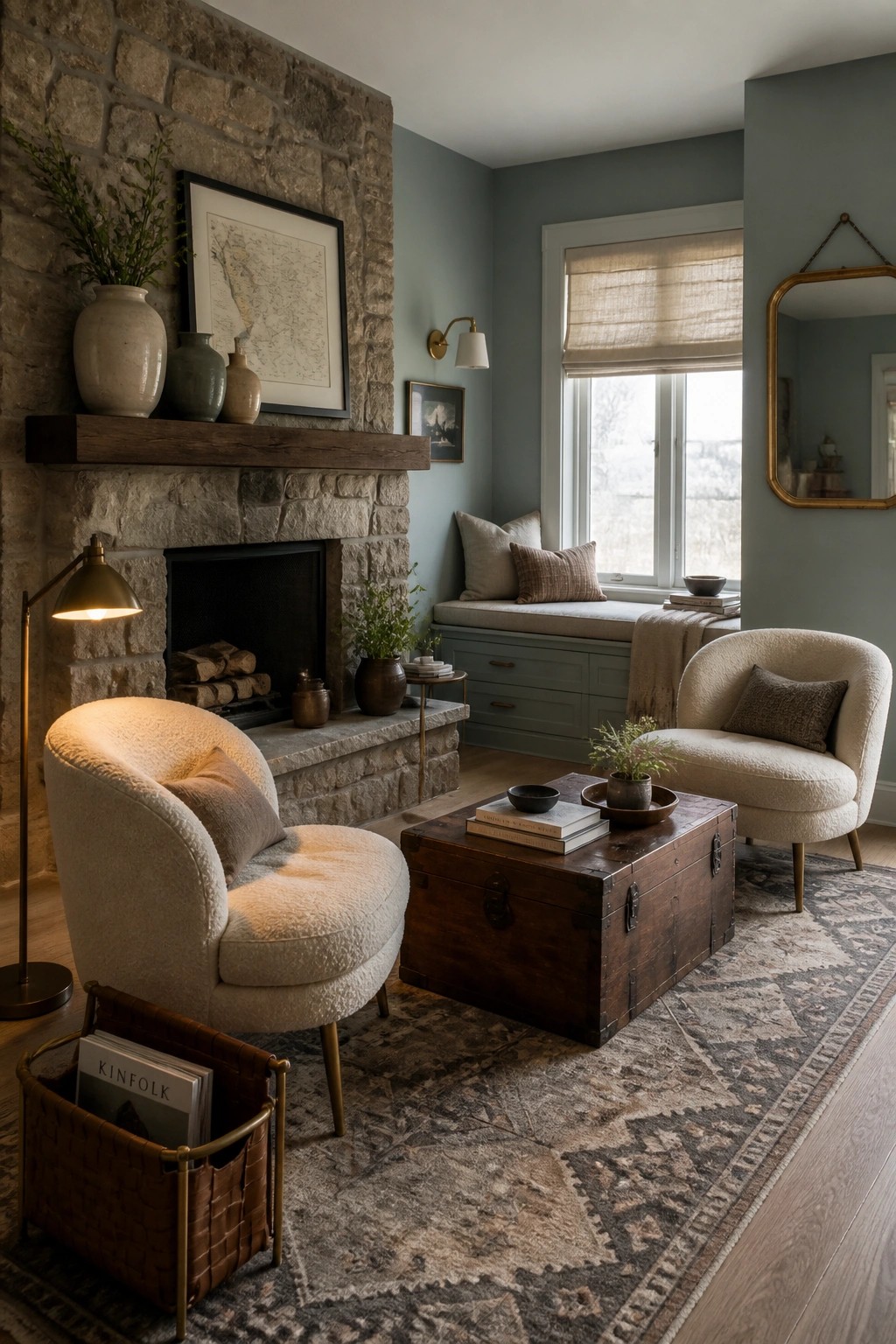 A living room with muted blue green walls, a large stone fireplace with a wood mantel, two cream upholstered chairs, a wooden trunk used as a coffee table, and a window seat with pillows.