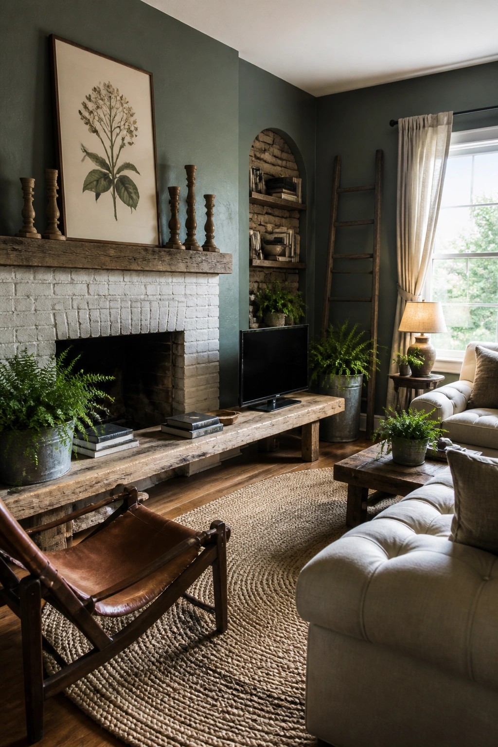 A farmhouse living room with deep green walls, a white brick fireplace with wood mantel, built-in arched shelves, and rustic furniture on a round jute rug.