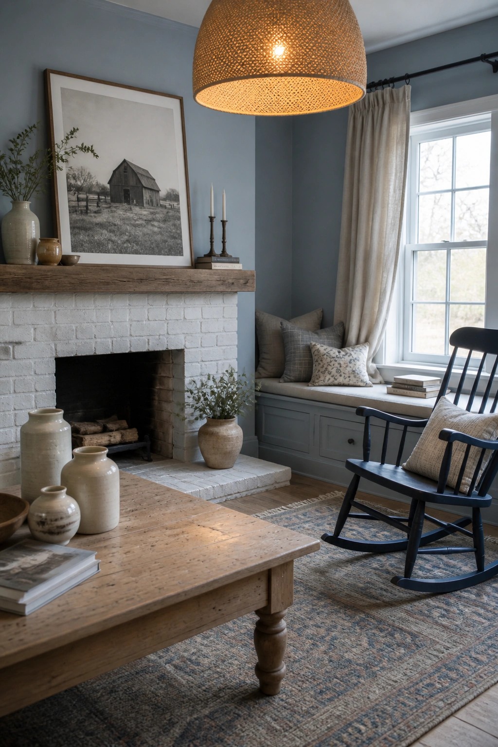 A farmhouse living room with soft blue gray walls, a white brick fireplace with a wooden mantel, a wooden coffee table, and a dark blue rocking chair beside a window seat.