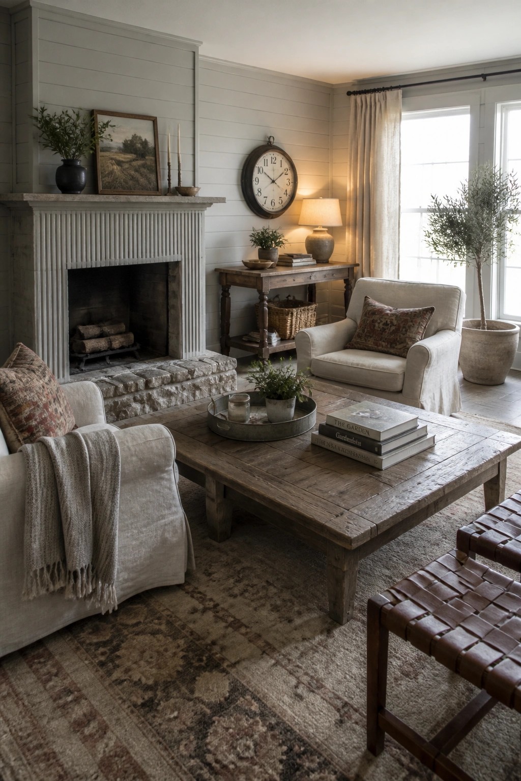 A farmhouse living room with soft gray walls, a stone fireplace, wooden coffee table, and neutral seating arranged around a patterned rug.