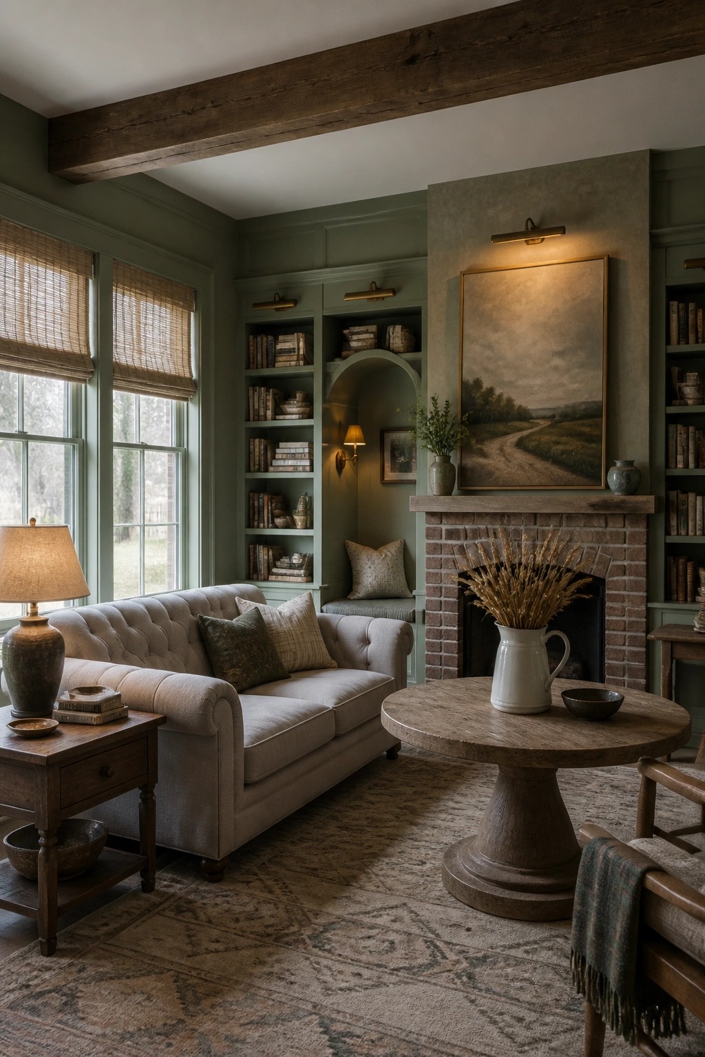 A living room with sage green walls, built-in bookshelves filled with books, a brick fireplace, and a beige tufted sofa.