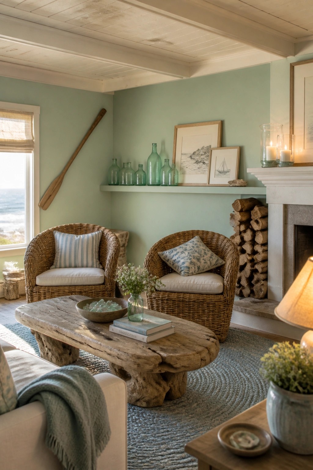 A living room with soft green walls, two wicker chairs, a driftwood coffee table, and a stone fireplace.