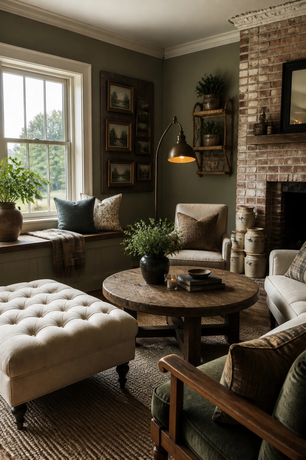 A living room with muted green walls, a round wooden coffee table, a window seat with pillows, and a brick fireplace.