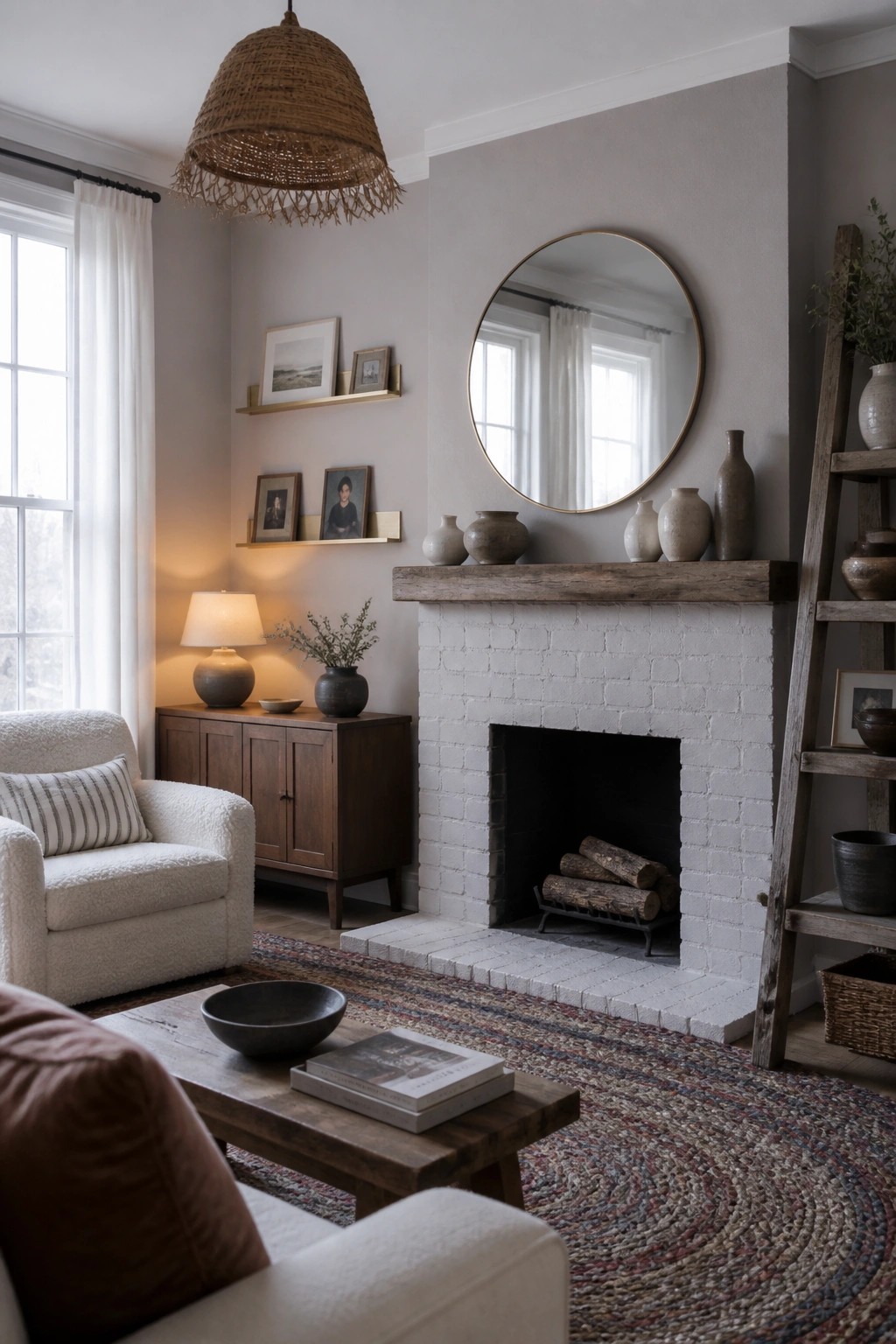 A living room with light gray walls, a white brick fireplace, round mirror above a wood mantel, white armchair, and wooden coffee table on a braided rug.