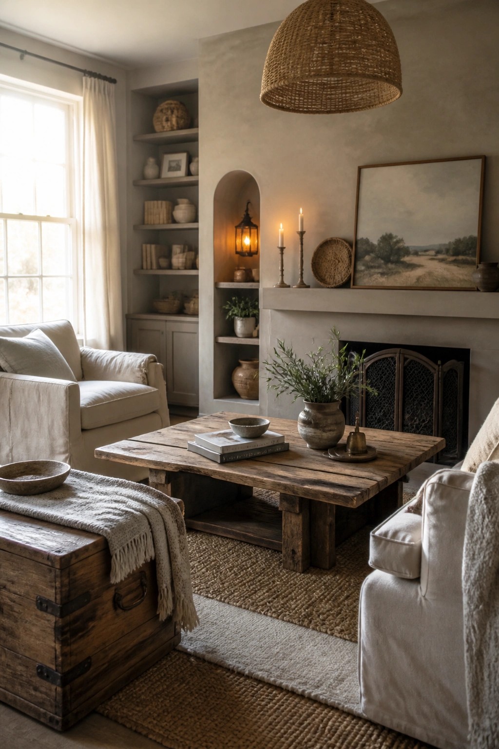 A farmhouse living room with soft neutral walls, white slipcovered seating, a rustic wood coffee table, built-in shelves, and a fireplace with candles and a landscape painting above the mantel.