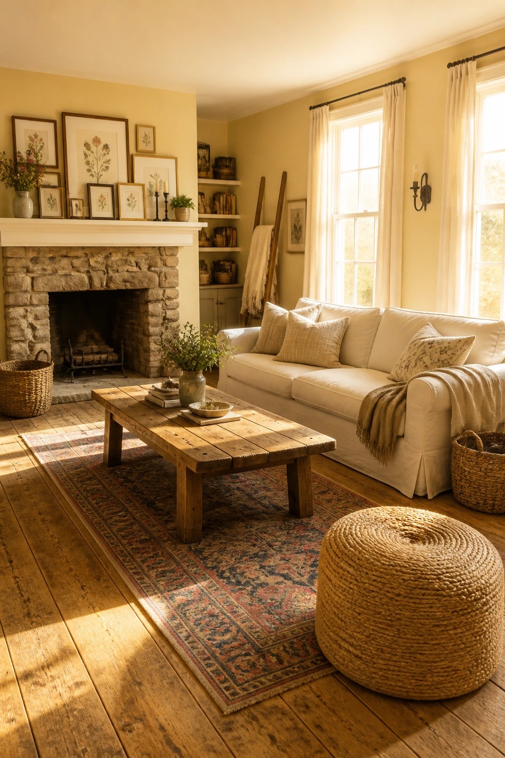 A living room with pale yellow walls, a white mantel over a stone fireplace, a white sofa, a wooden coffee table, and a large patterned rug on hardwood floors.