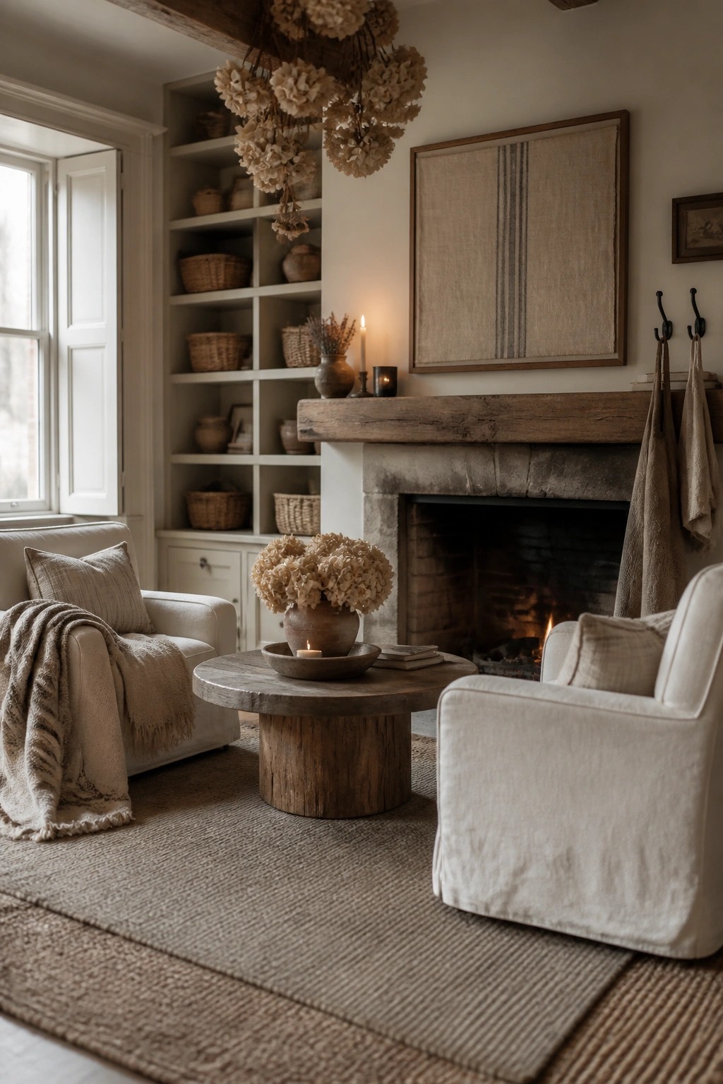 A farmhouse living room with white walls, a stone fireplace, wooden mantel, built-in shelves, neutral armchairs, and a round wooden coffee table on a woven rug.