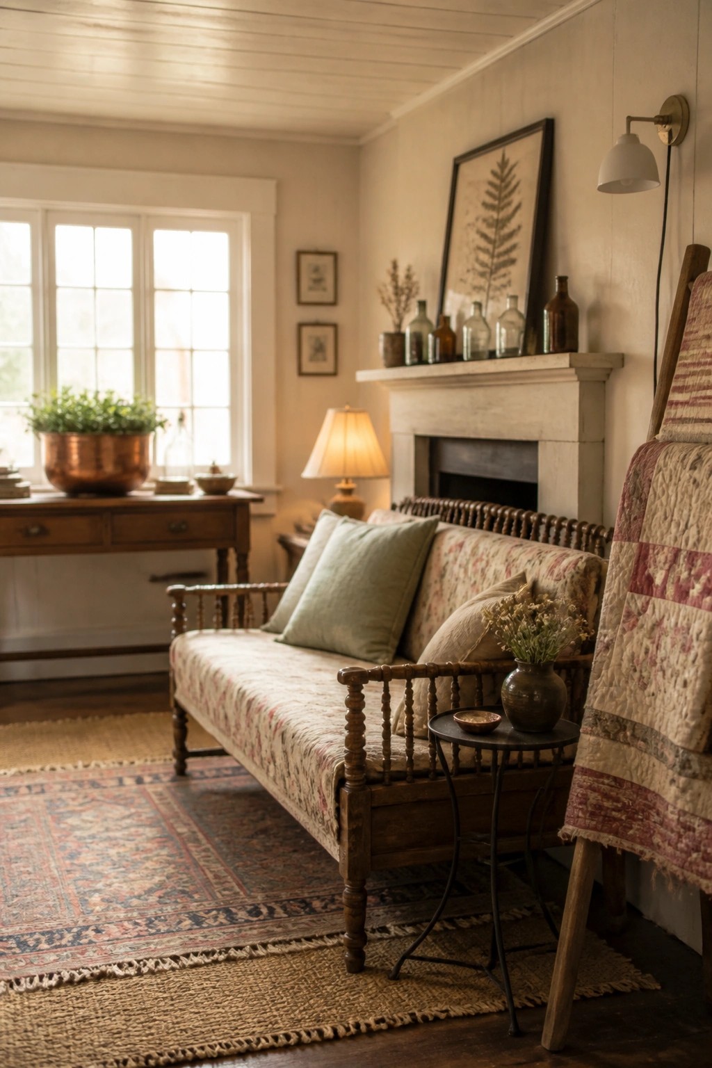 A farmhouse living room with a wooden spindle-back sofa, layered rugs, a white fireplace mantel, and warm neutral walls.