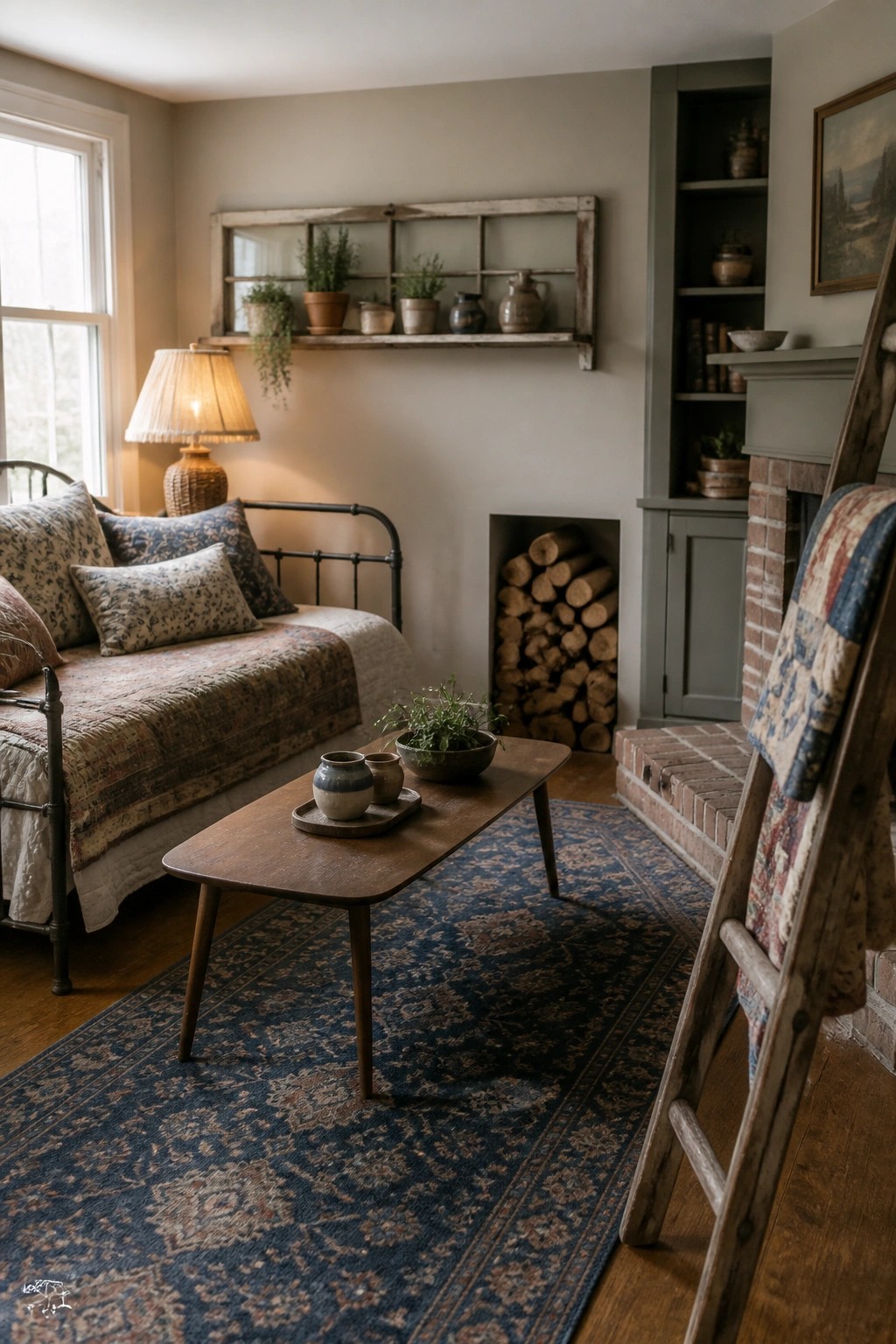 A farmhouse living room with a daybed, wooden coffee table on a blue rug, brick fireplace, and a leaning wooden ladder.