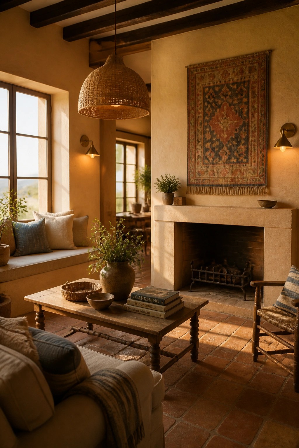 A farmhouse living room with warm beige walls, a stone fireplace, wooden coffee table, woven light fixture, and terracotta tile floor.