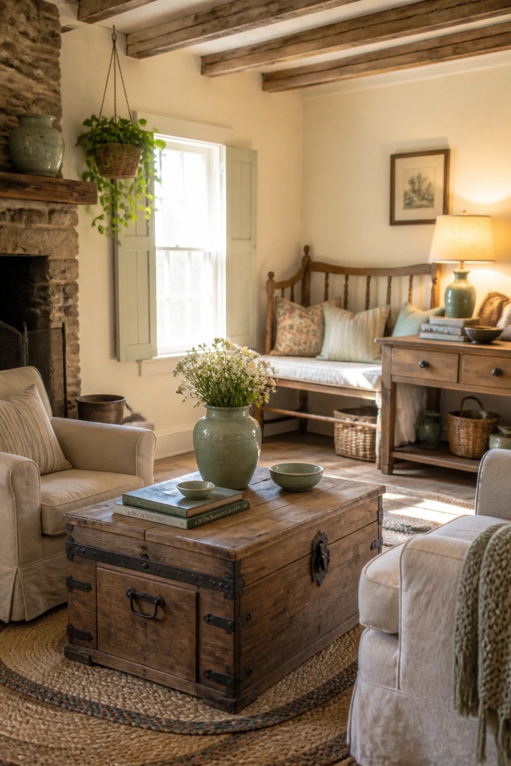 A farmhouse living room with a wooden trunk coffee table, beige armchairs, a stone fireplace, wooden ceiling beams, and a wooden bench against the back wall.