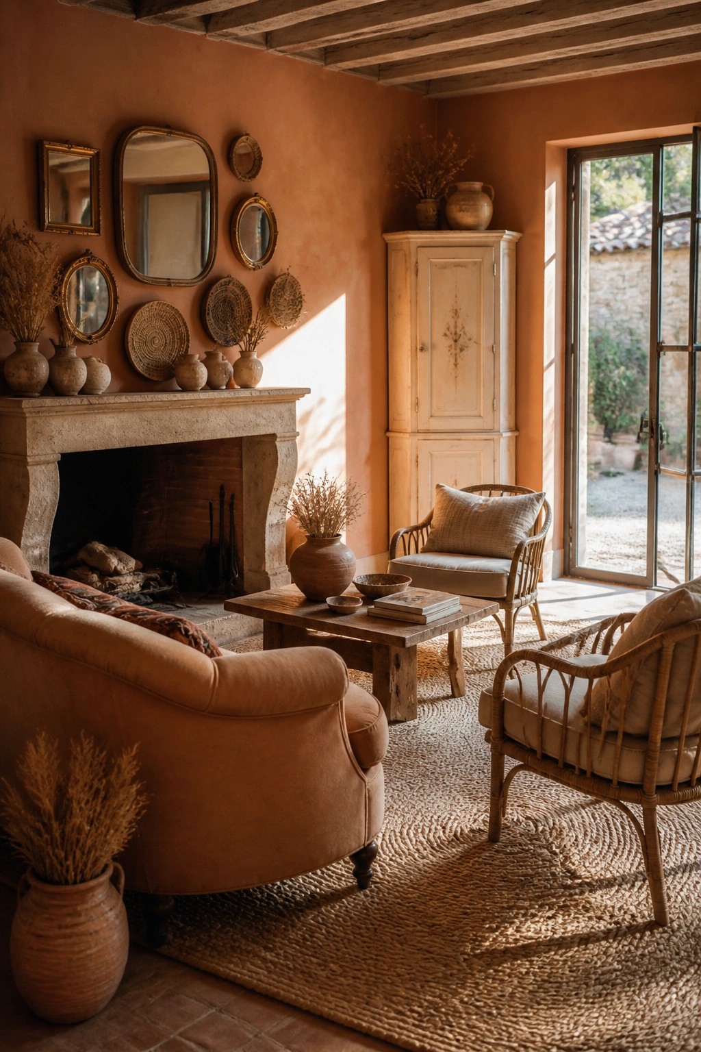 A rustic living room with terracotta walls, a stone fireplace, a woven jute rug, and mixed wood and rattan furniture.