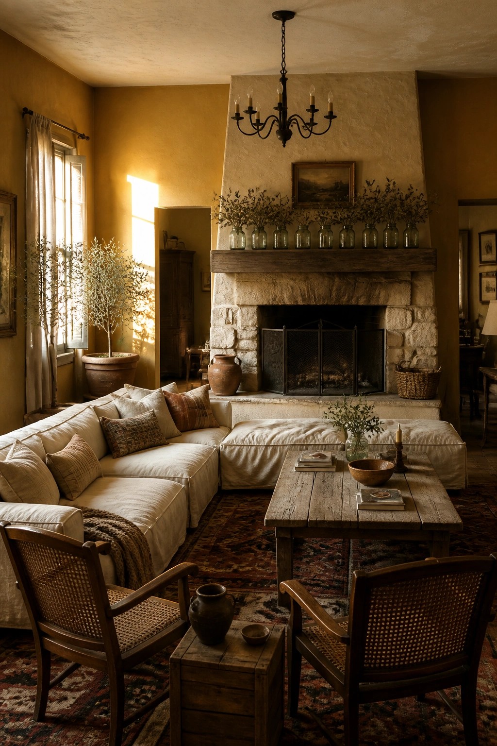 A farmhouse living room with warm yellow walls, a white sectional sofa, a large stone fireplace, and wooden furniture arranged on patterned rugs.