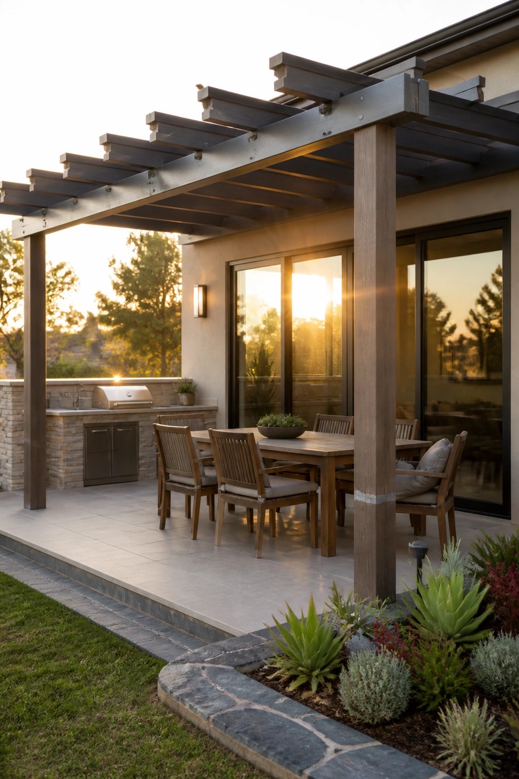 A wooden pergola covers a patio dining area with chairs and table next to an outdoor kitchen and large glass doors on a house.