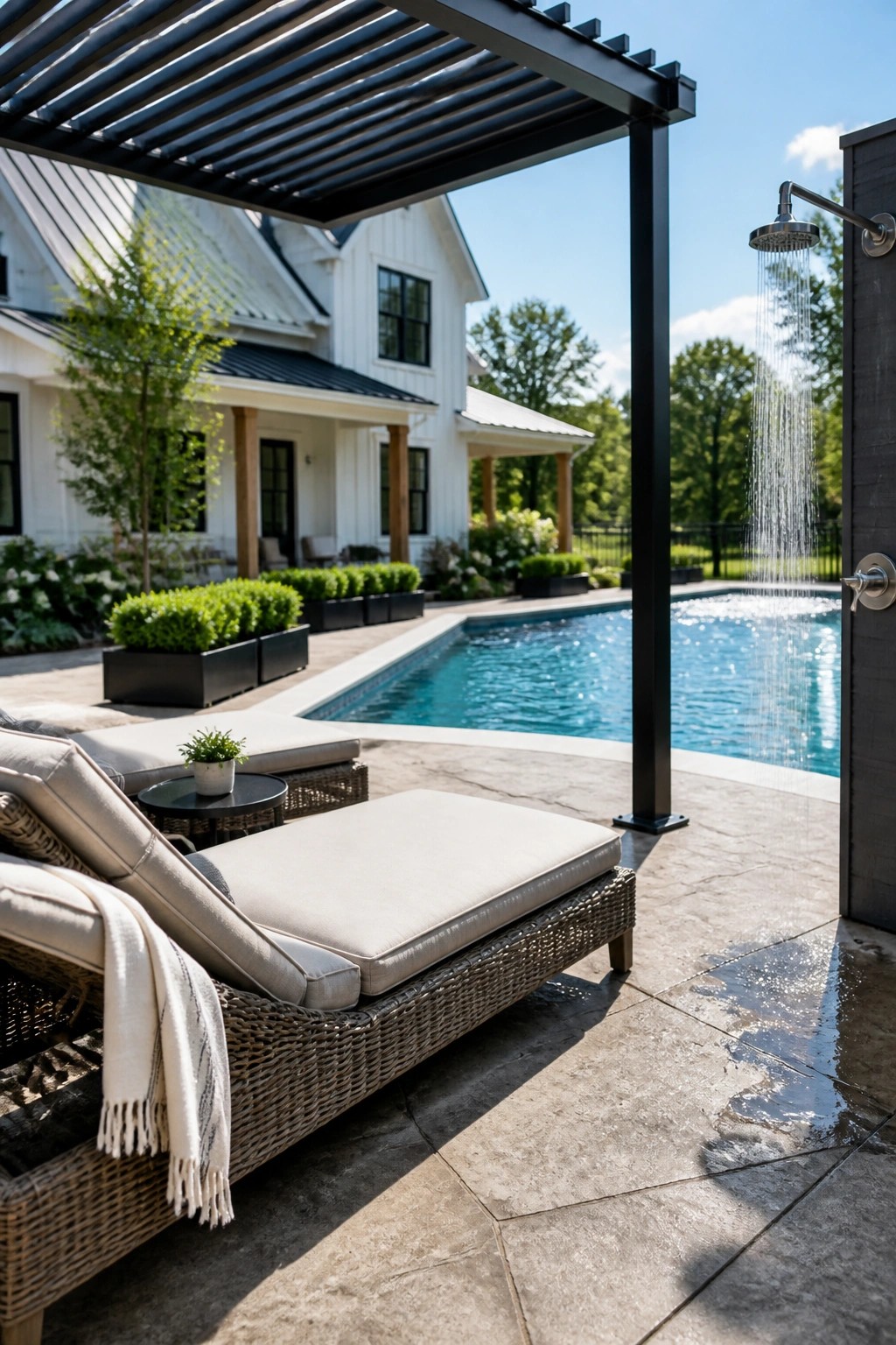 A backyard pool area features a black metal pergola over woven lounge chairs on a concrete patio, with an outdoor shower beside the pool.