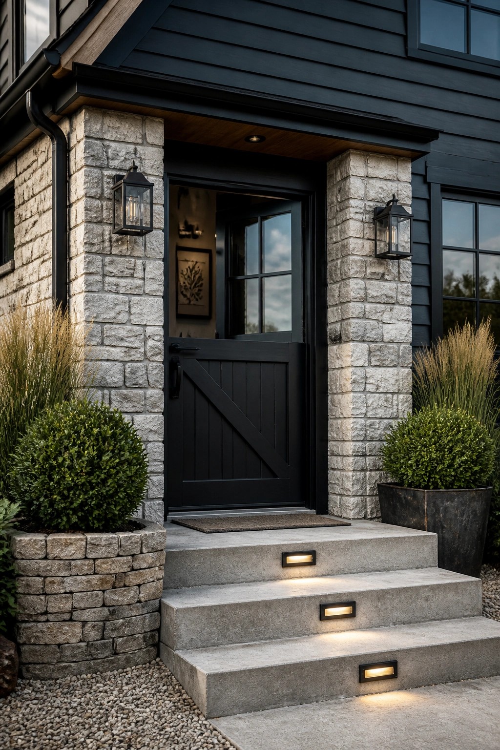 A black front door centered between two stone pillars on a house, with concrete steps lit by recessed lights and black lanterns on either side.