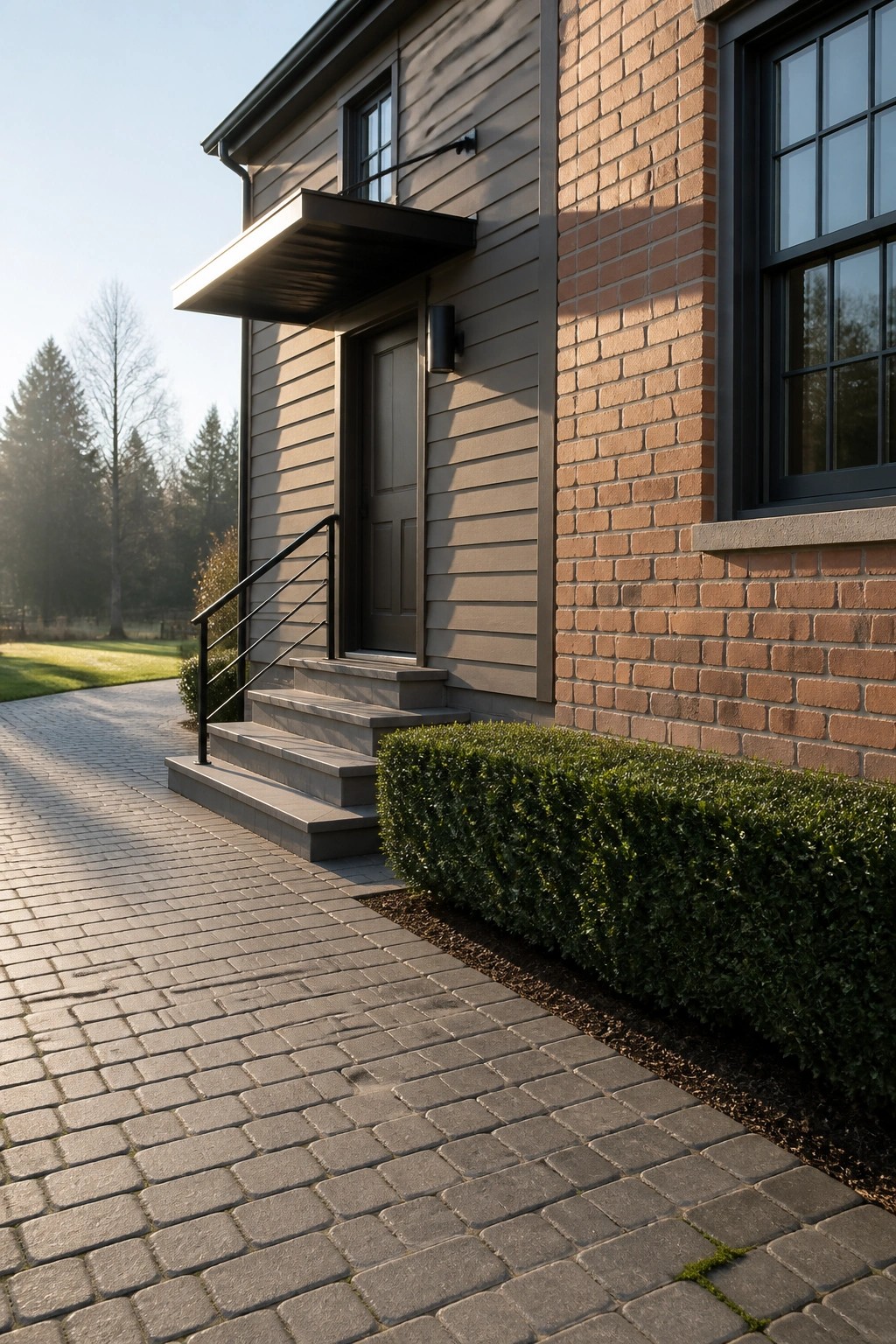 A house exterior with gray horizontal siding, red brick on the right side, a dark door with steps, and a large gray paver walkway edged by green shrubs.