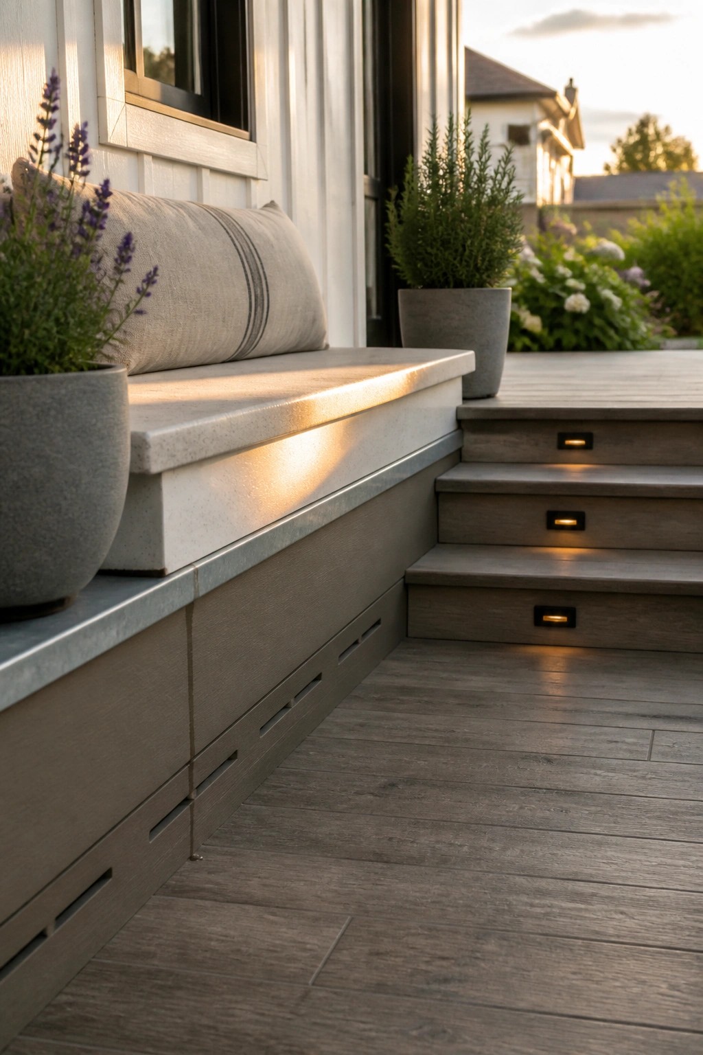 A built-in bench with a light stone seat and gray base sits beside potted plants on a deck with illuminated steps.