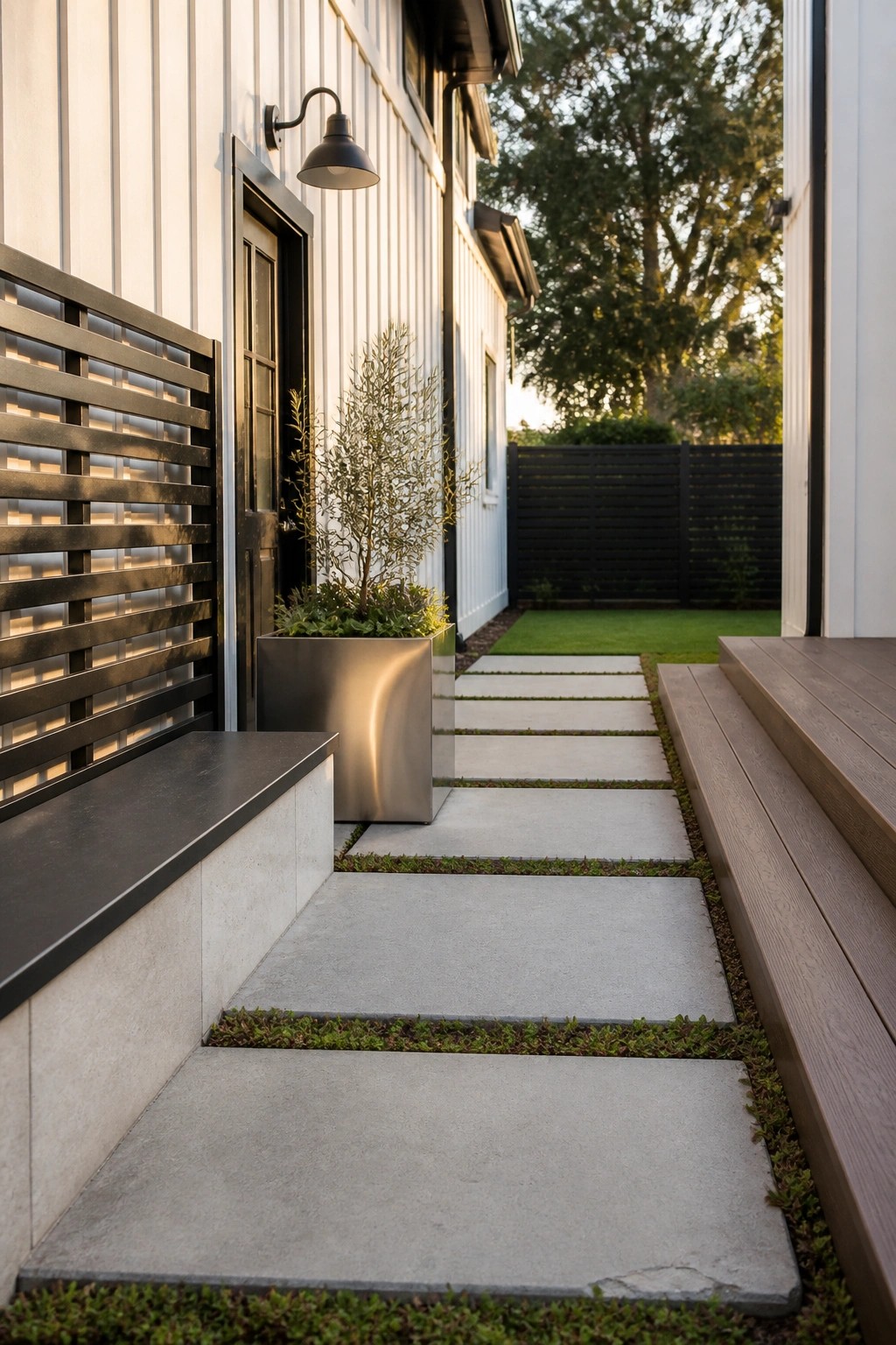 Modern farmhouse exterior entrance with white vertical siding, black door and trim, metal planter, and concrete paver pathway set in grass.