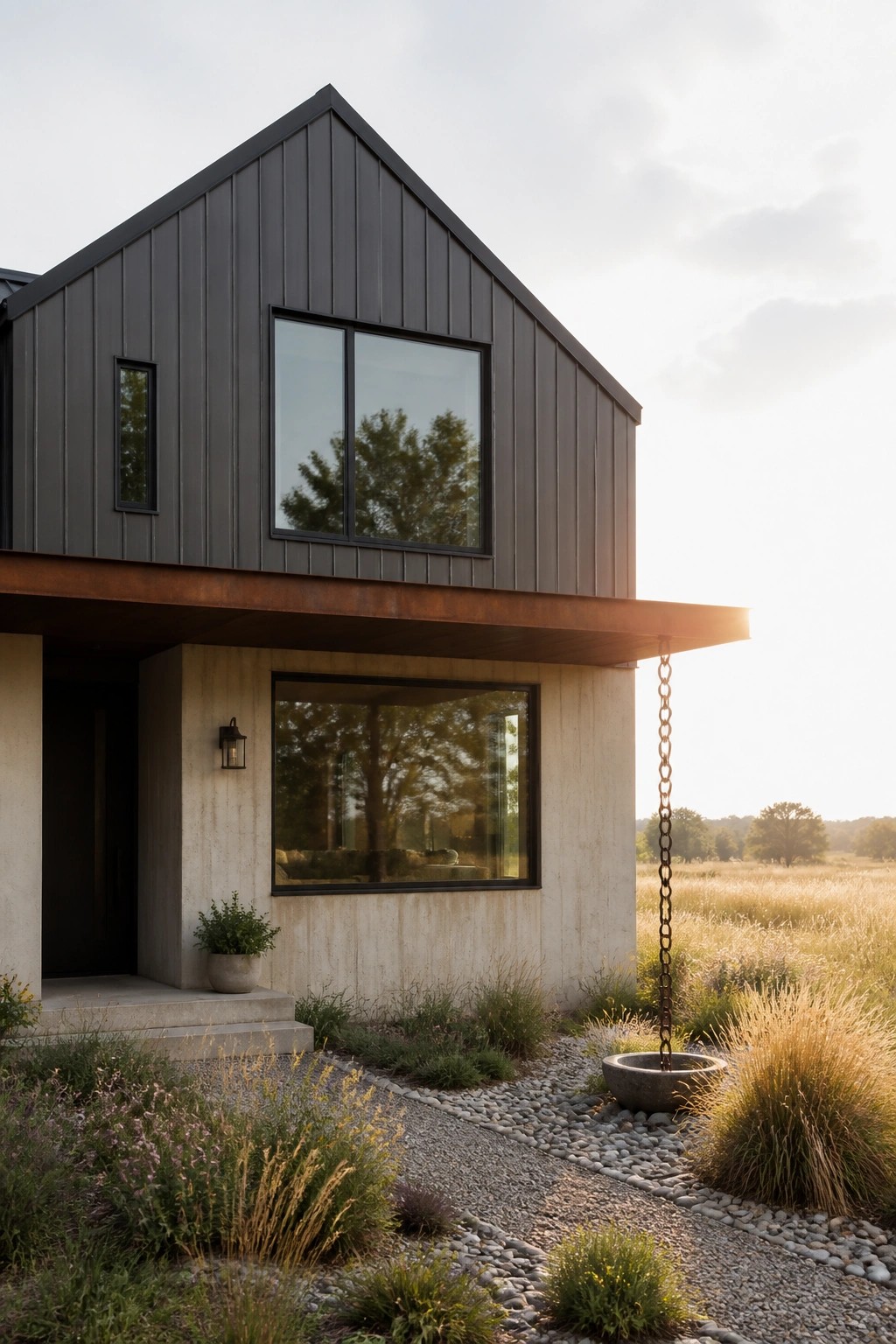 Modern farmhouse exterior with dark vertical metal siding on the upper gable and light concrete walls below, featuring black-framed windows and a gravel path.