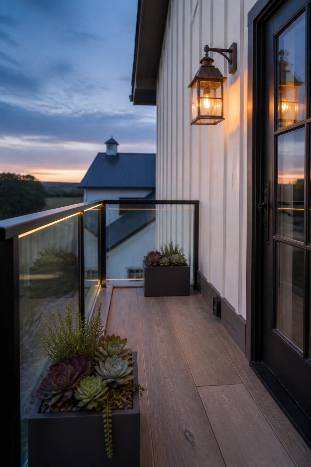 A farmhouse balcony at dusk with wood-look composite decking, dark metal planters holding succulents, a glass railing with integrated lighting, and two wall-mounted lanterns on white vertical siding.