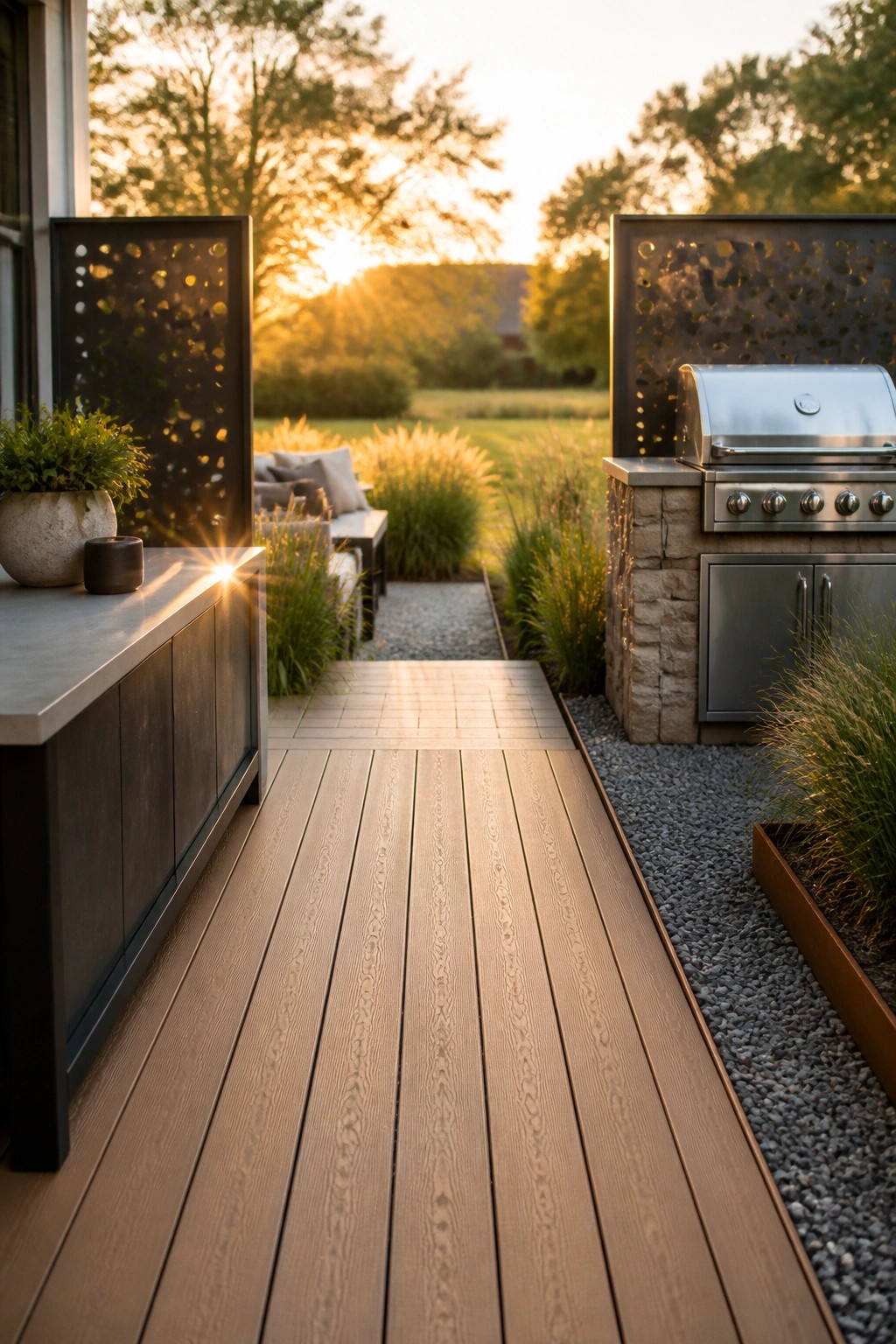 A long composite deck leads to an outdoor kitchen with a stainless steel grill on a stone base, metal privacy screens, and surrounding grasses at sunset.