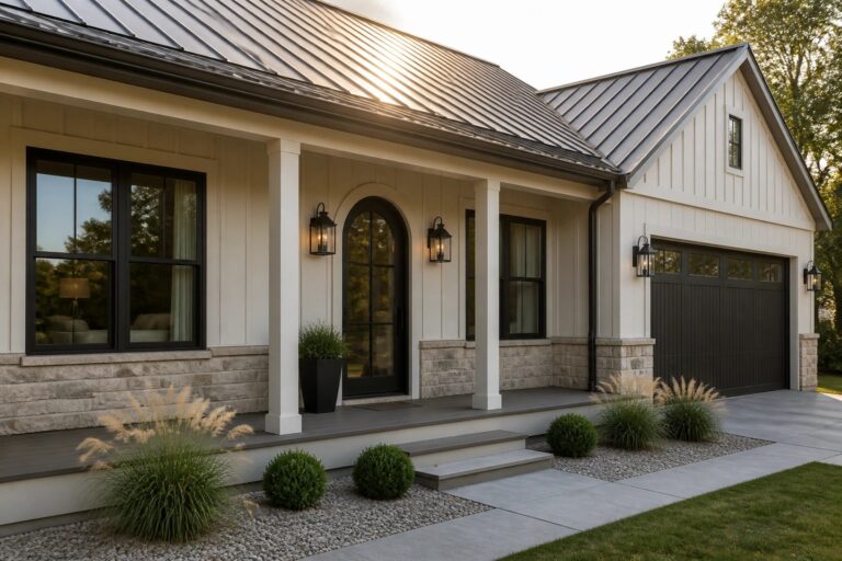 A modern farmhouse exterior featuring a dark standing seam metal roof, white board and batten siding, a stone foundation, white porch columns, and dark steps leading to an arched front door.