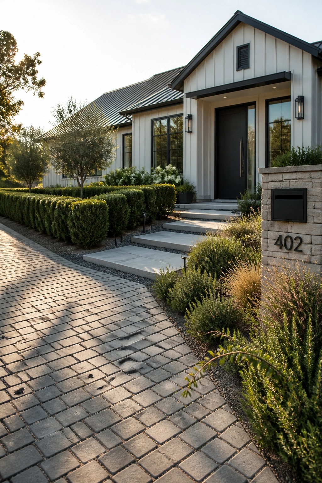 A modern farmhouse exterior featuring white board and batten siding, a dark metal roof, black trim, and a paved driveway leading to concrete steps.
