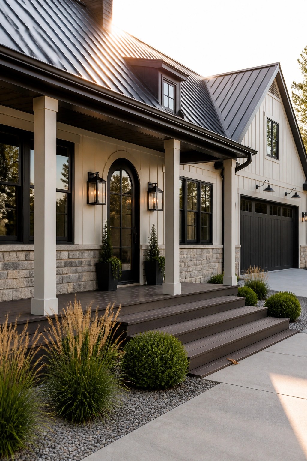 A modern farmhouse exterior featuring a dark standing seam metal roof, white board and batten siding, a stone foundation, white porch columns, and dark steps leading to an arched front door.