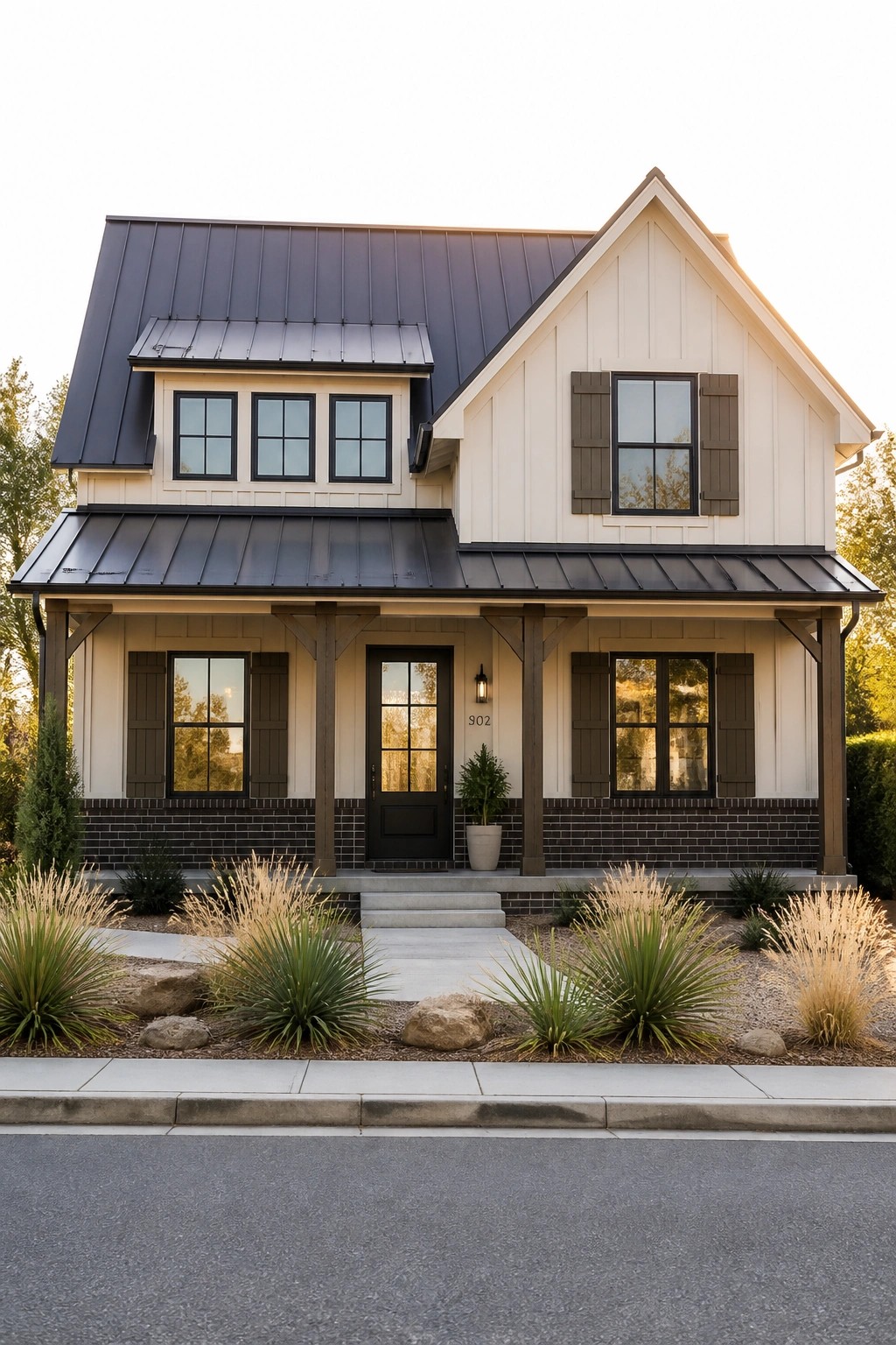 A two-story farmhouse with cream siding, a dark metal roof, brown shutters, a brick foundation, and a covered front porch.