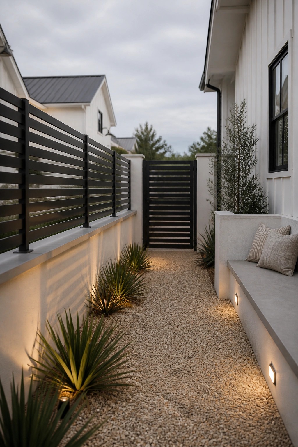 A gravel path runs between two white houses, bordered by black horizontal metal fencing, a black gate, and low plants with a concrete bench on the right.