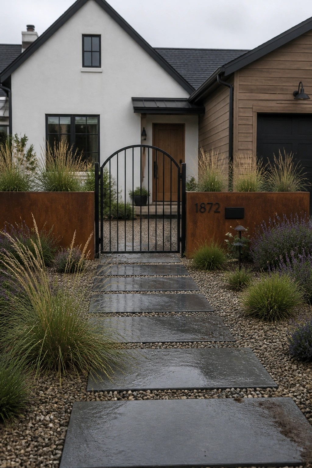 A farmhouse exterior with white siding, a black metal gate, corten steel walls, and a stone paver path on gravel leading to the front door.